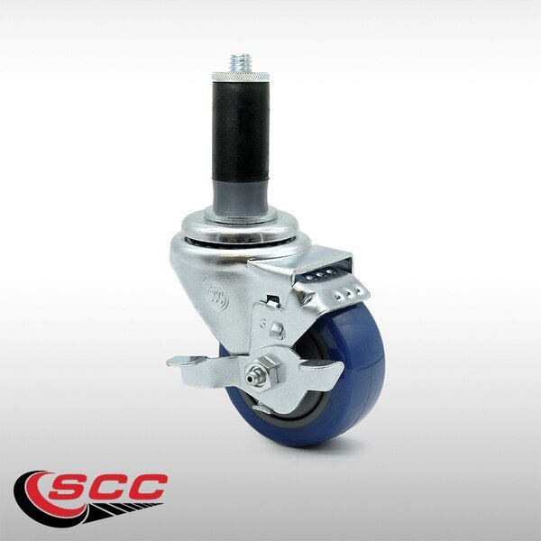 3 Inch SS Blue Polyurethane Swivel 1-1/4 Inch Expanding Stem Caster with Brake, Service Caster, Mfr#: SCC-SSEX20S314-PPUB-BLUE-TLB-MTG44